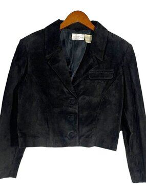 Vintage 80s 90s Black Suede Leather Cropped Jacket Blazer Western M